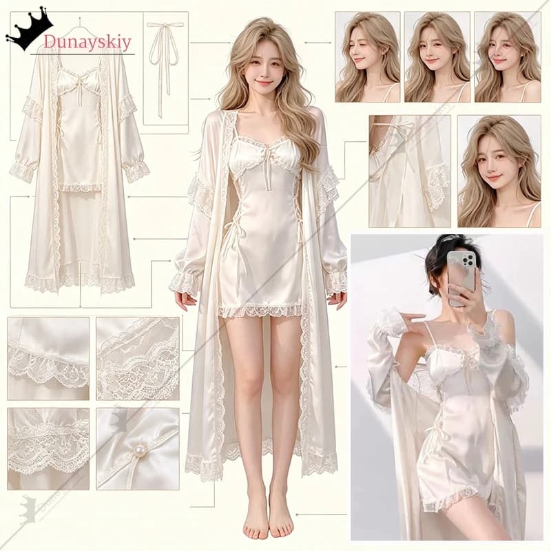 Halloween Bride White Wedding Robe Suit Cosplay 2PCS Women Pajamas Ladies Nightgowns Satin Robes Nightdress Sling and Short