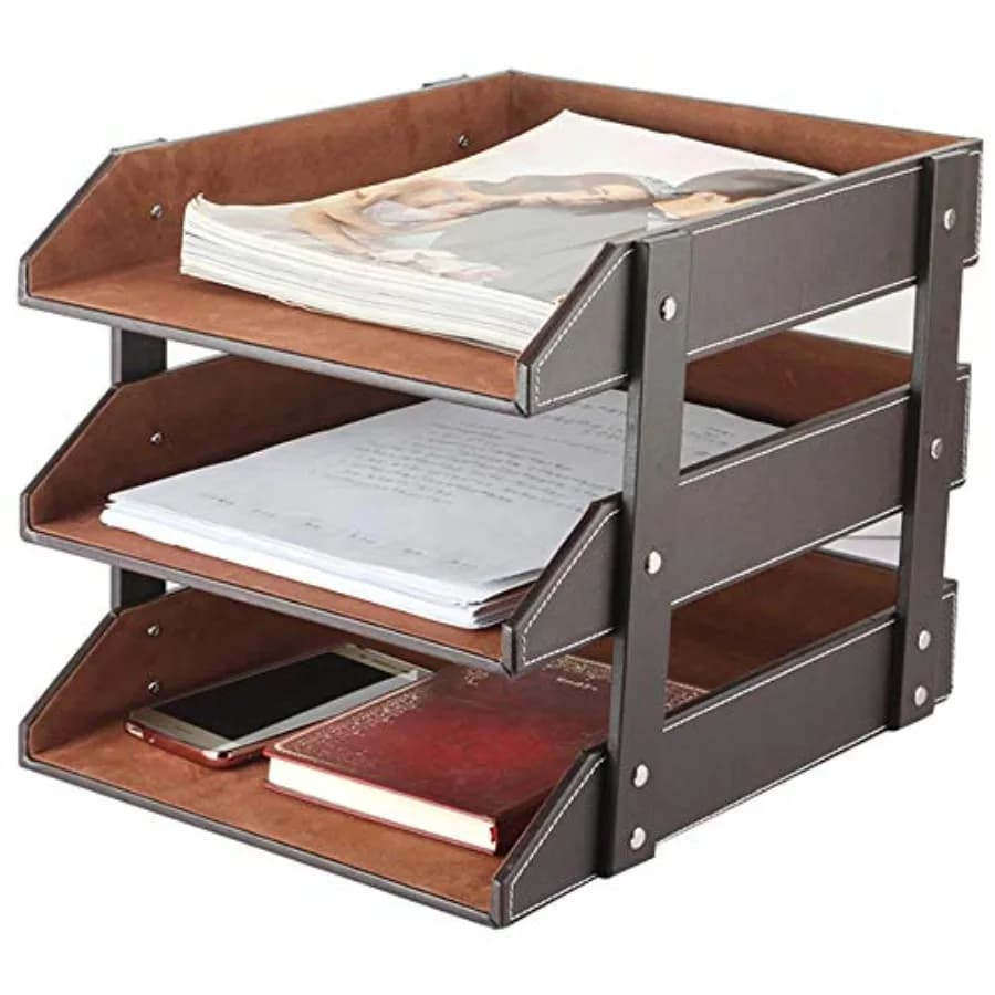 Organizzatore per Documenti a 3 Livelli in Pelle, Molto Robusto, per Forniture da Ufficio/Cancelleria/Contenitori Impilabili