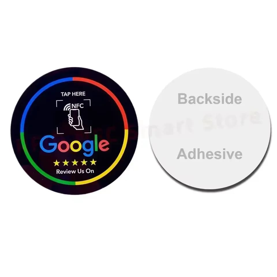 Scheda rotonda programmabile Google 13,56 Mhz NFC Display di revisione Google Porta carte patch rotonde con supporto adesivo