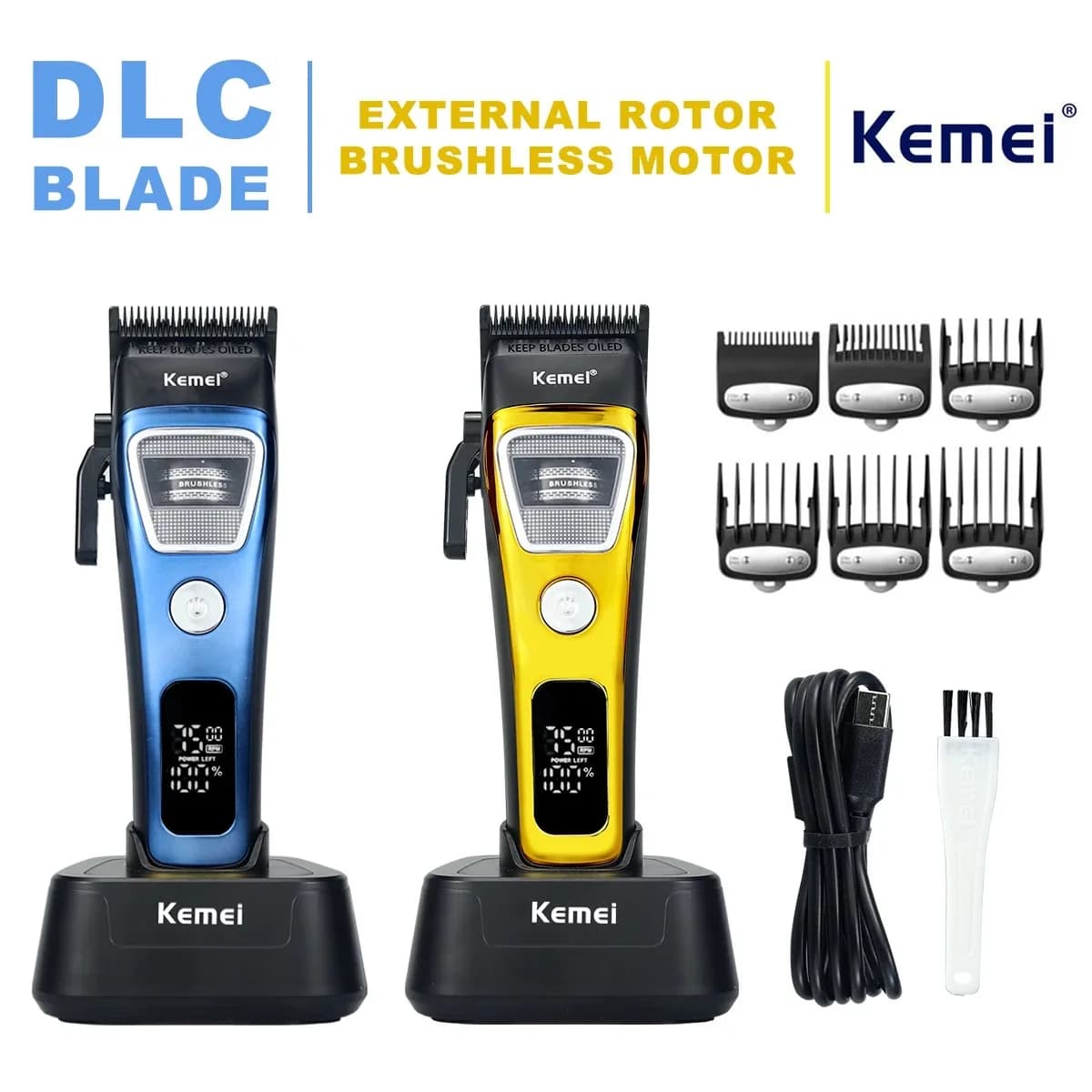 Kemei KM-1911 Tagliacapelli professionale per uomo Lama DLC Motore brushless con rotore esterno con caricatore di base Display a LED Taglio di capelli