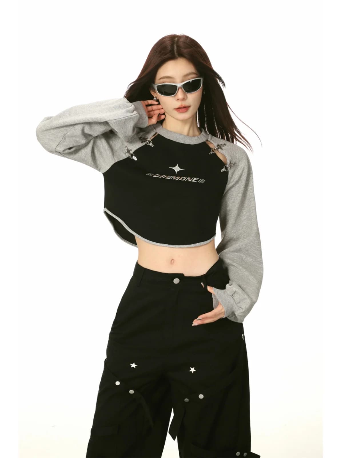 American Style Shoulder Insert Hoodie Women Spring Autumn Design Unique Splice Correct Shoulder Spicy Short Top for Girls