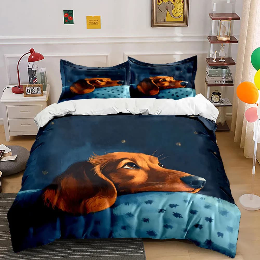 Set di Biancheria da Letto 3 Pezzi con Stampa Bassotto, Copripiumino e 2 Federe, Decorazione per Amanti dei Cani