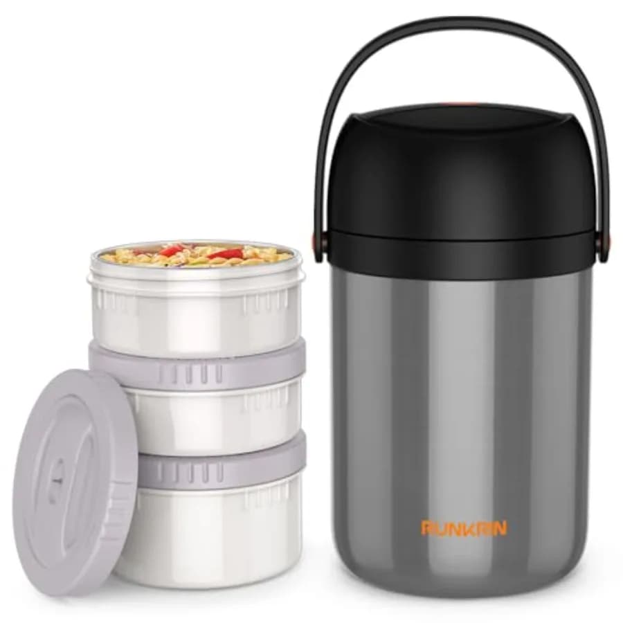 Contenitore Termico per Alimenti da 64oz, Scatola Pranzo Termica Impilabile a 3 Livelli, Mantiene il Cibo Caldo per 6 Ore, Ermetico, Senza BPA, in Acciaio Inossidabile