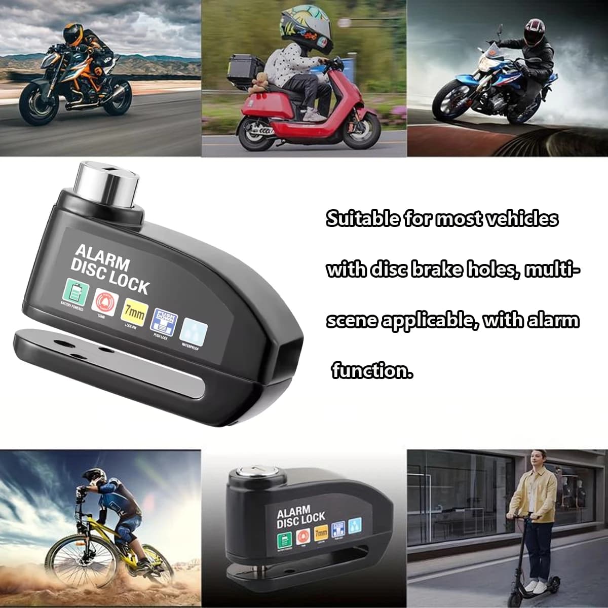 Bloccadisco per Moto con Allarme 110dB, Antifurto Impermeabile per Moto, Biciclette e Scooter