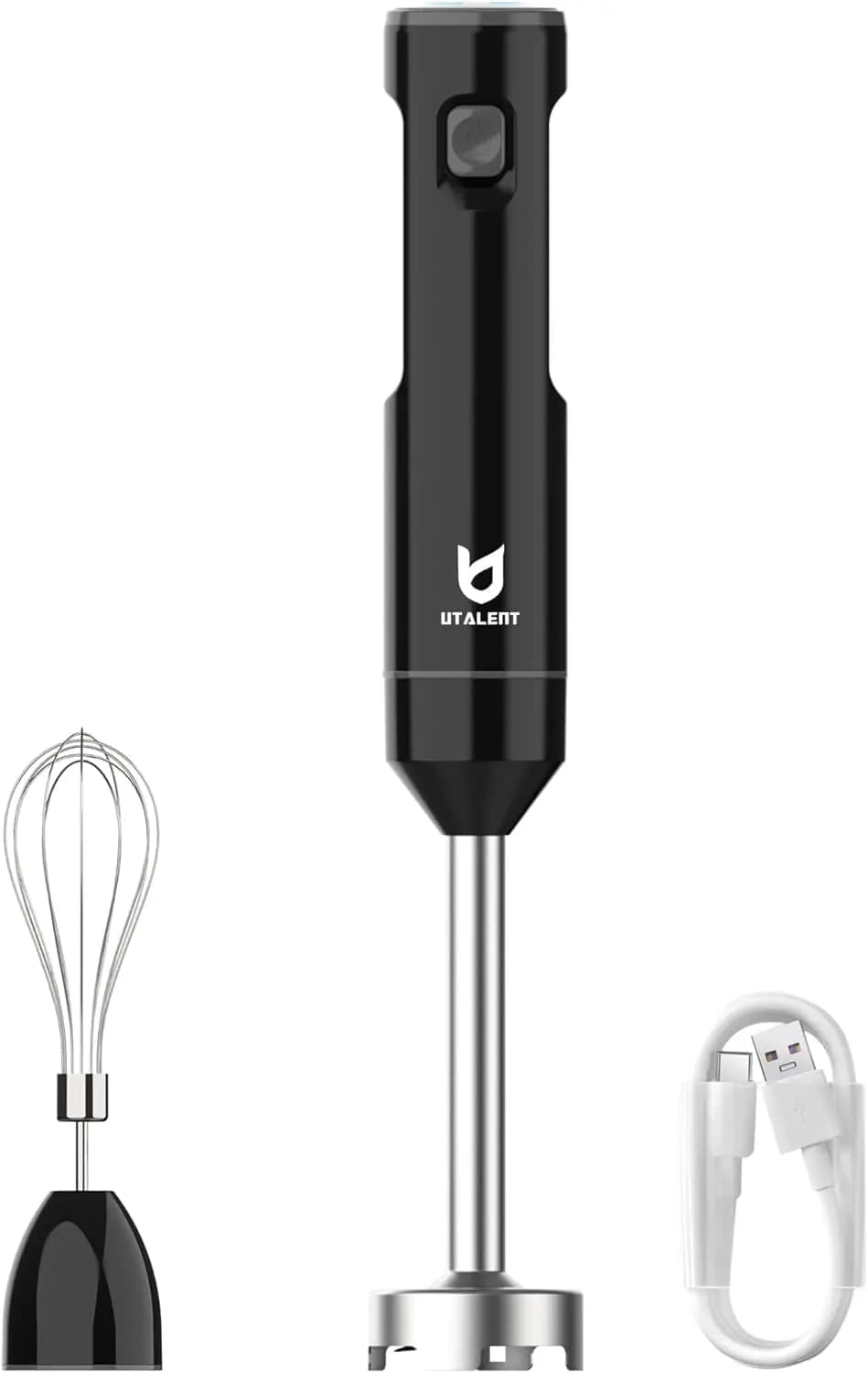 Frullatore a Immersione Ricaricabile Senza Fili con Velocità Variabile, Ricarica USB-C, Frusta per Uova per Frullati e Zuppe - Nero