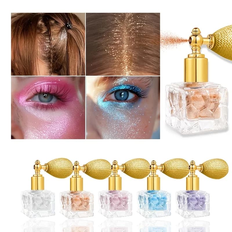 Spray per capelli secchi unisex-adulto, trucco illuminatore in polvere lucida con evidenziatore diamantato, polvere con paillettes glitterate per evidenziare il corpo