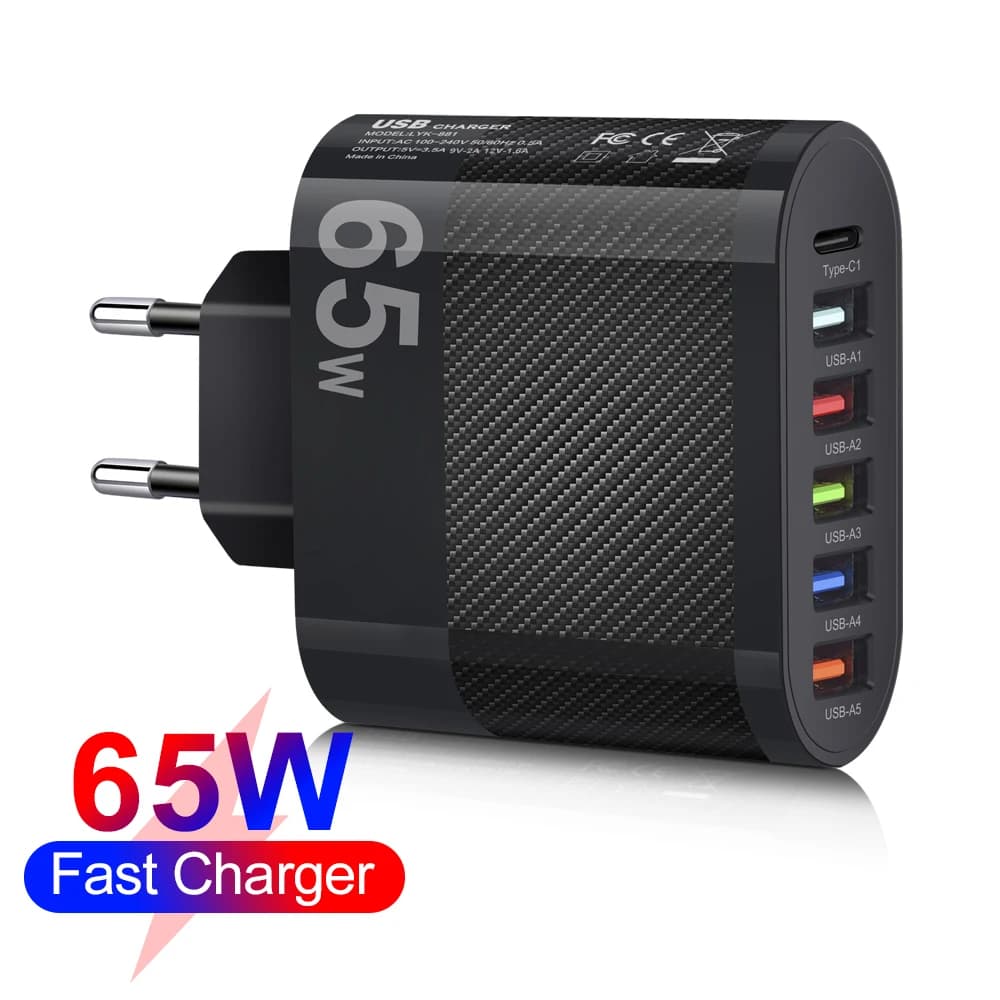65W 6-Port USB Charger Station Desktop Charging Hub with Type-C QC3.0 PD Adapter for iPhone Samsung Xiaomi EU US UK Plug
