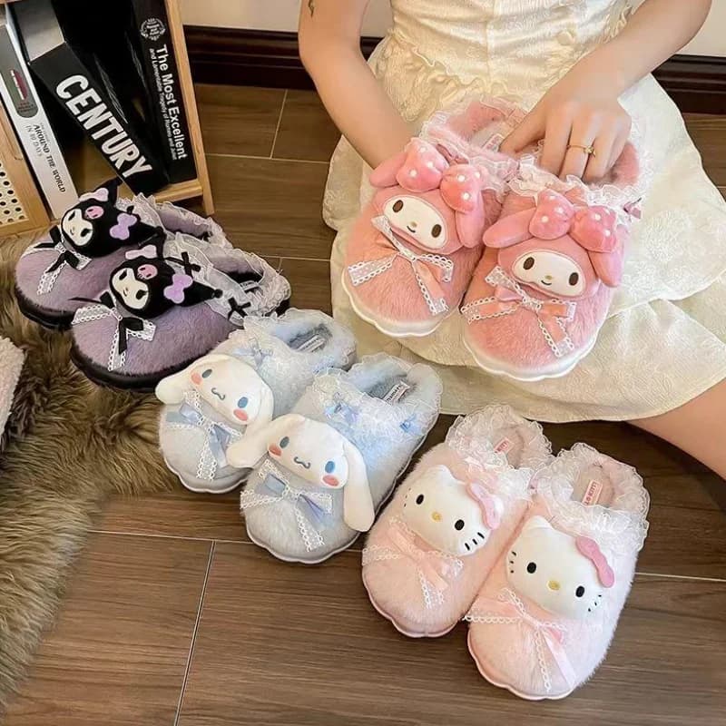 Sanrio Hello Kitty Kuromi Cinnamoroll Pantofole in cotone Cartoon Cute Winter Indoor Home Pantofole Suola spessa Mantieni calde le scarpe di cotone