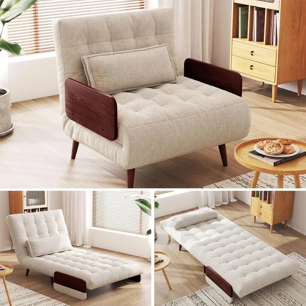 Poltrona Letto Convertibile 3-in-1 in Lino per Adulti, Divano Letto con Cuscino, Ideale per Piccoli Spazi, Regolabile, Multifunzionale, S