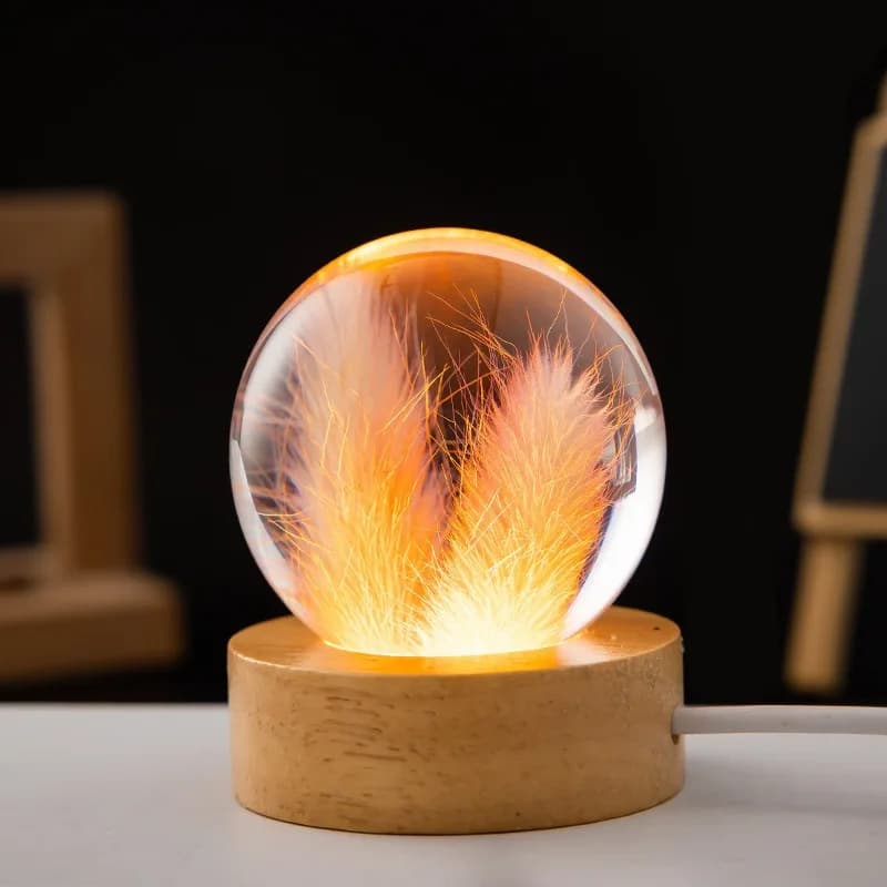 Sfera di cristallo di tarassaco con lampada Fiore eterno Incisione interna 3D Base luminosa in legno massello Regalo in cristallo Ornamento da tavolo