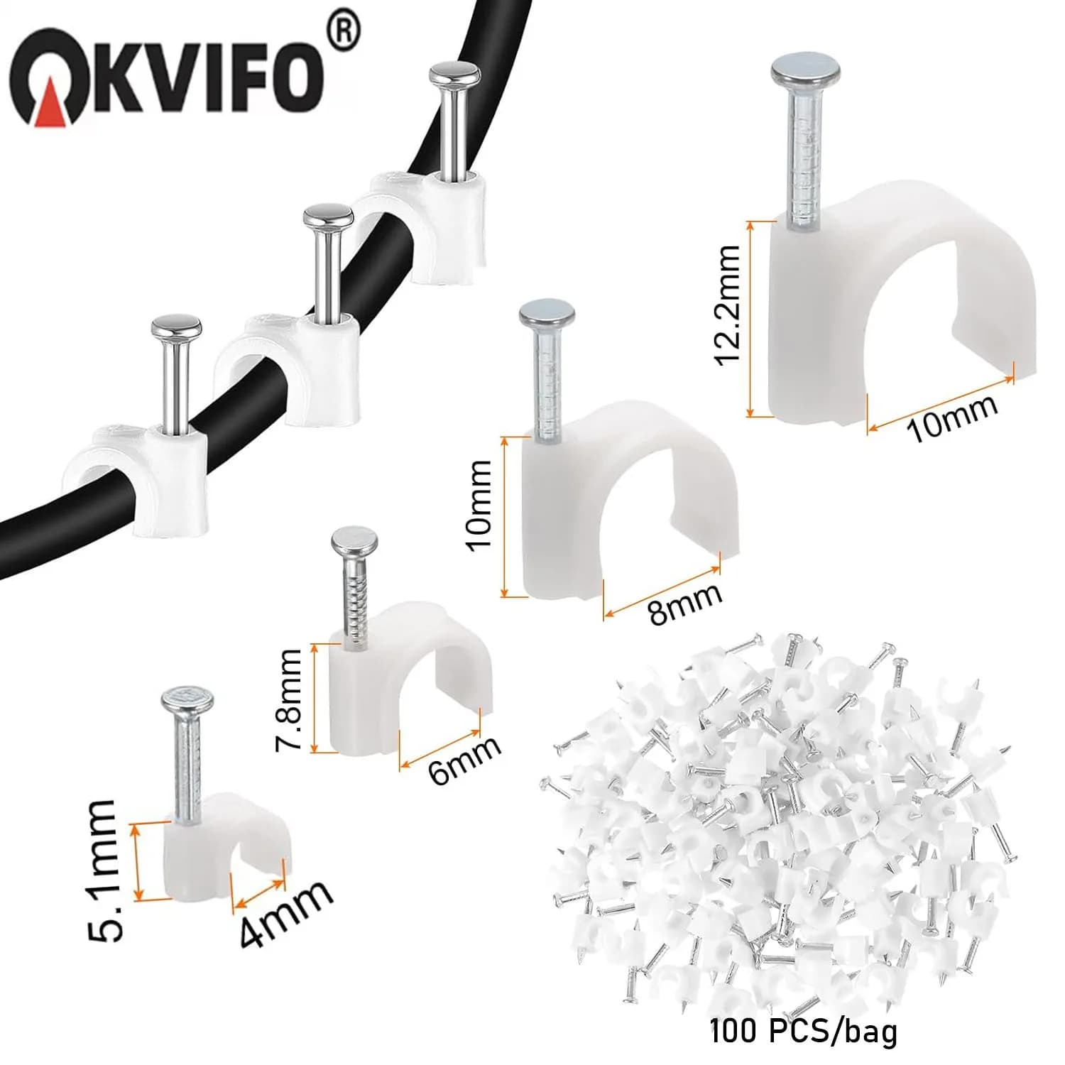 100 Pezzi Clip per Cavi con Chiodi in Acciaio, Fermacavi da Parete per Gestione Cavi Elettrici, Ethernet e Telefonici