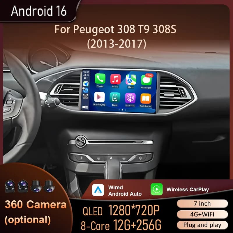 7" IPS HD Touch for Peugeot 308 T9 308S 2013-2017 Android16 BT 4G WiFi GPS DSP Full Split Screen Car Radio Head Unit Navigation