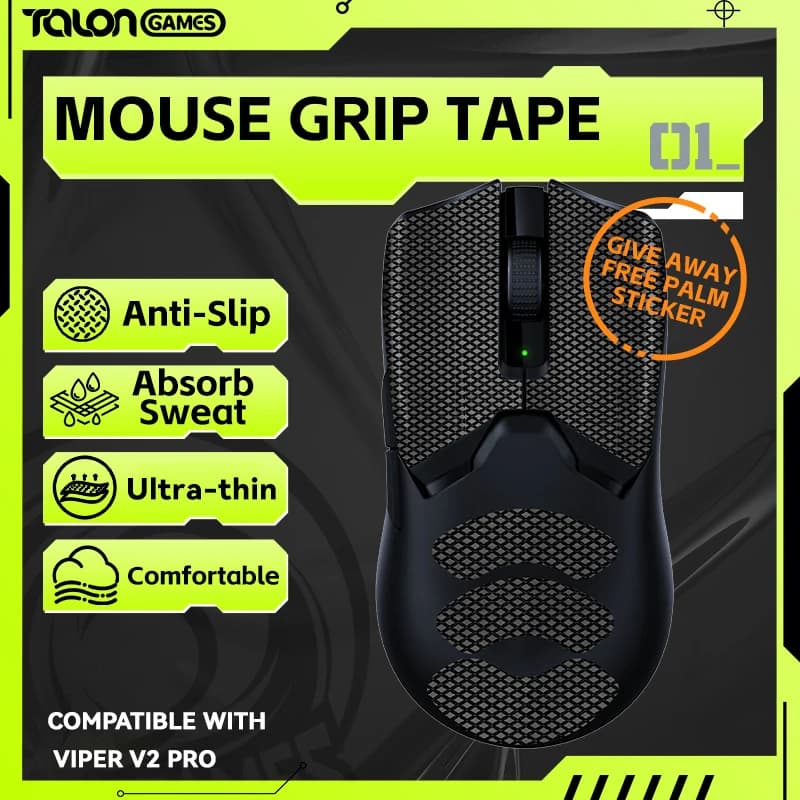 TALONGAMES Mouse Grip Tape per Razer Viper V2 Pro, Viper Ultimate, Viper Mini, Palm Sweat assorbimento antiscivolo, facile da applicare