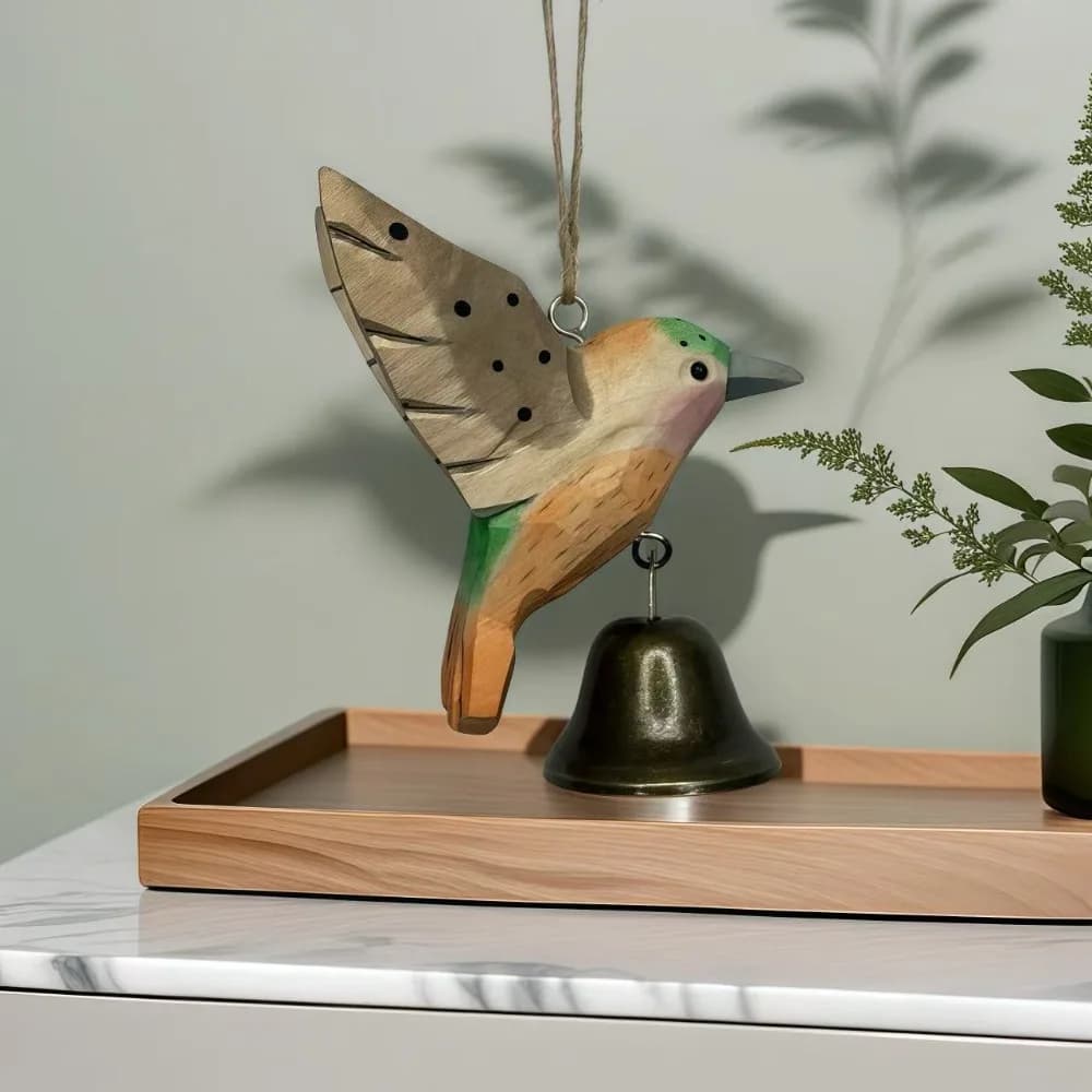 Hand-Carved Hummingbird Figurine Wooden Wood Grain Flying Bird Sculpture with Soothing Sound with Bell Wind Chime Pendant