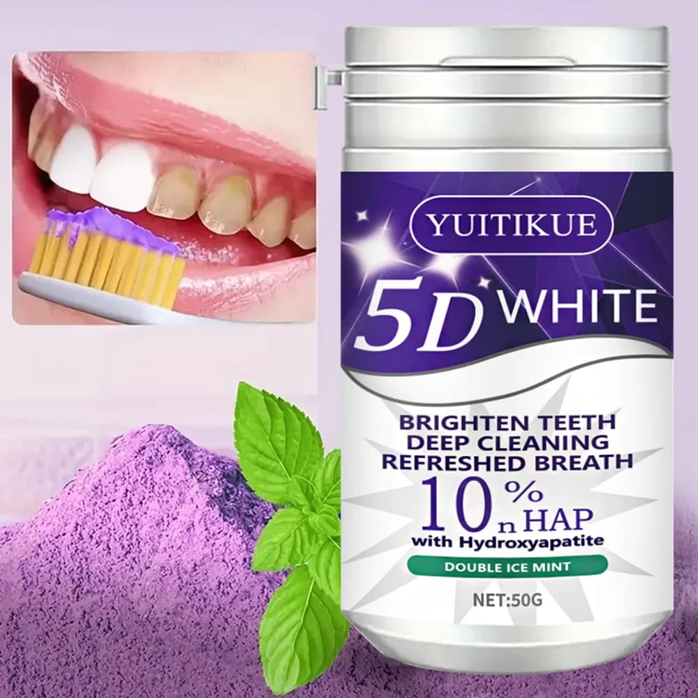 50 g tooth whitening powder, purple teeth bleach, oral hygiene, removes dental stains, cleans and refreshes breath