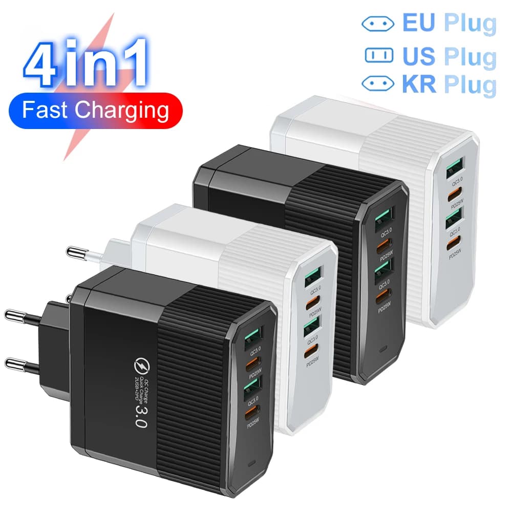 Caricatore Rapido 4-in-1 da 100W con 4 Porte PD QC3.0 USB C, Adattatore da Muro EU US KR UK per Ricarica Multi-Dispositivo per iPhone Samsung