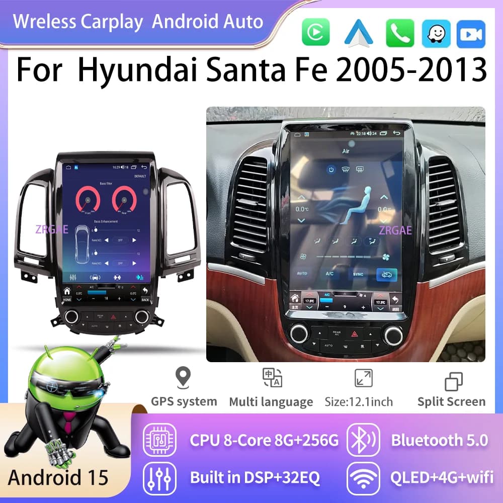 12.1 "Radio Per Auto Android 15 Per Hyundai Santa Fe 2005-2013 GPS Carplay Lettore Multimediale Tesla Schermo Stereo Auto DSP Navigazione