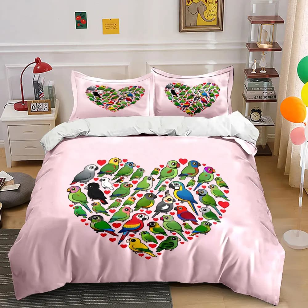 Set di biancheria da letto con copripiumino morbido e confortevole con design a cuore di pappagallo colorato, include 1 copripiumino e 2 federe, regalo