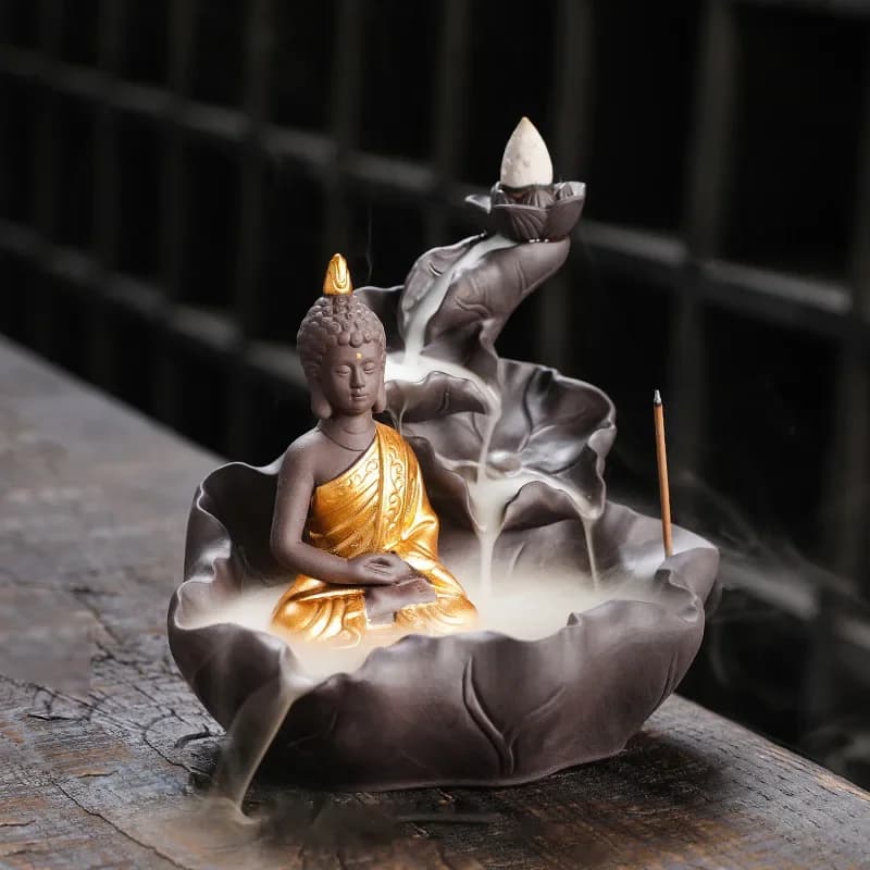 Bruciatore d'incenso a riflusso creativo in argilla viola Zen Buddha, porta incenso a forma di loto, incensiere per aromaterapia e decorazione domestica - Senza incenso