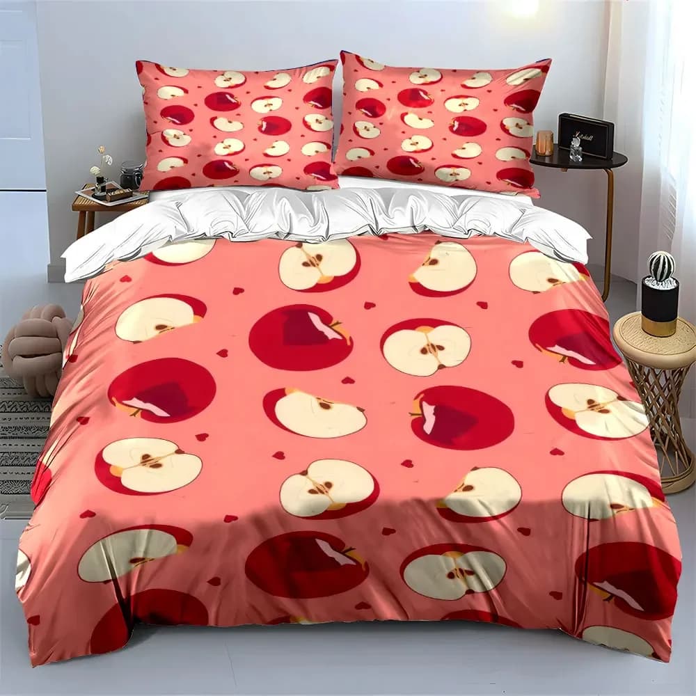 Set di biancheria da letto decorativa con motivo a mele, con 1 copripiumino e 2 federe, singolo, matrimoniale, king, queen, regalo