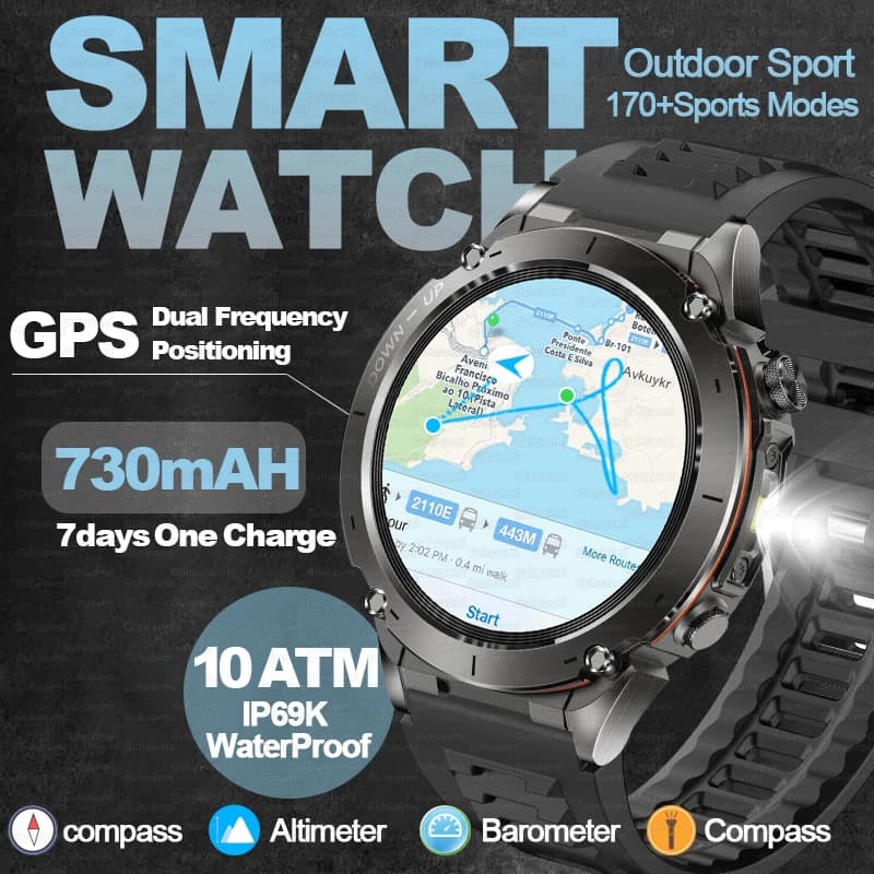 2025 NEW Dual-band GPS Outdoor Swim Sport Smart Watch Man Compass 730mAh Large Battery 10ATM Professional Waterproof Smart Watch