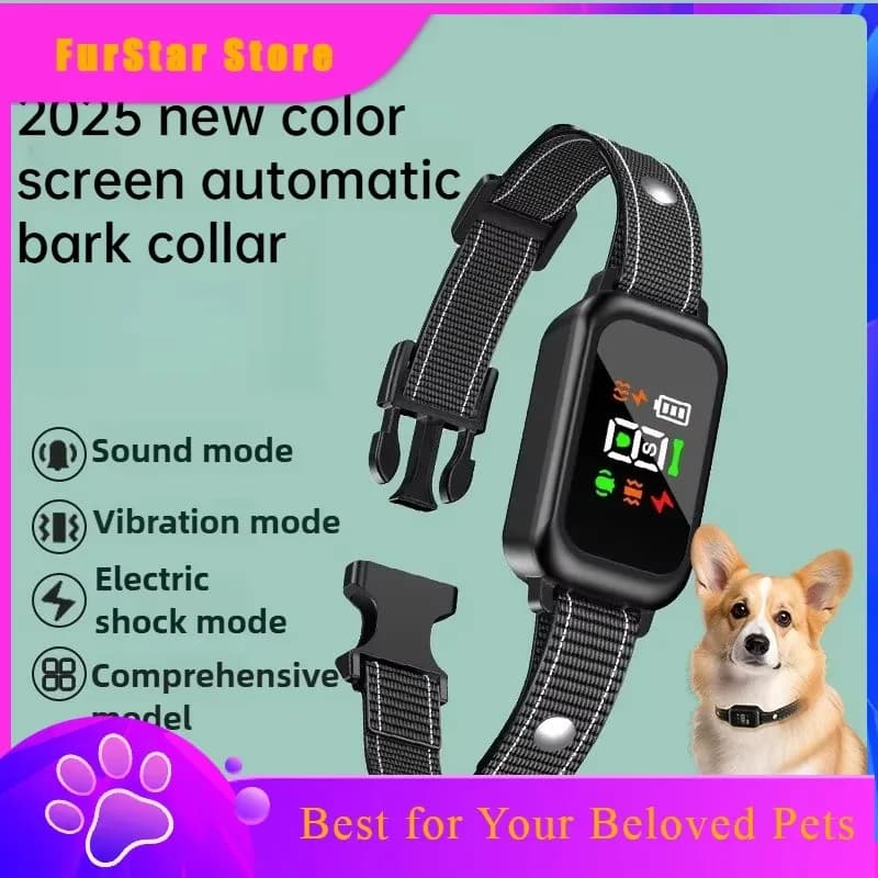 FurStarNew Color Screen Anti Bark Collar Smart Dog Training Device Adjustable Shock Ultrasonic Vibration Dog Collar Dog Training