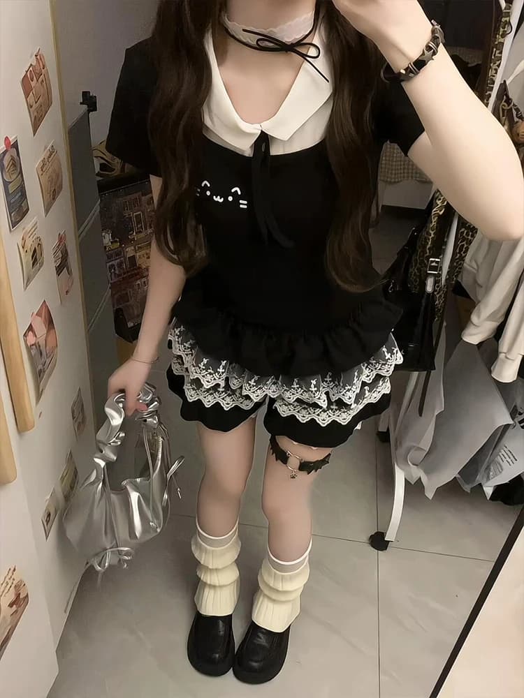 T-shirt a maniche corte da donna, estiva, dal design unico, stile Bishounen, con colletto a bambola, in cotone color block