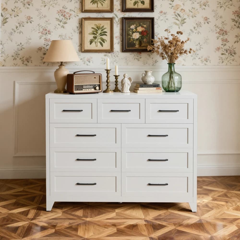 White 9-Drawer Tall Dresser with Modern Handles Smooth Drawers Space-Saving Design for Bedroom Furniture