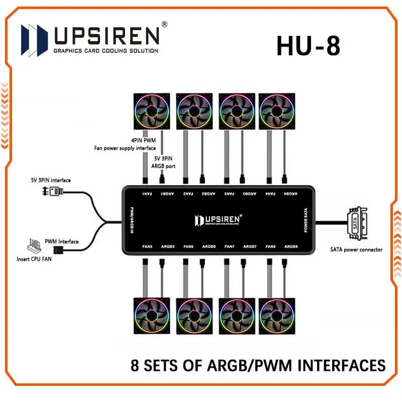 UPSIREN HU-8 Hub ventola chassis, 8 set di interfacce ARGB e PWM, design magnetico inferiore, supporta la sincronizzazione della scheda madre