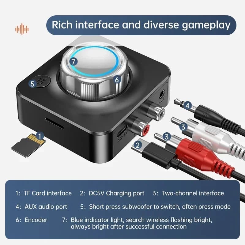 Ricevitore audio Bluetooth 5.0 Adattatore wireless per musica stereo Scheda TF RCA 3,5 mm 3,5 Jack AUX per kit per auto Altoparlante Cuffia