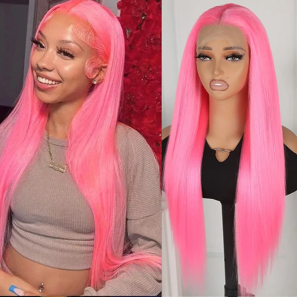 Wigs Lace Front 13x4 with Smooth and Long Hair, Pink Color Pastel, Fiber Heat Resistant, Without Colla, for Women, Ideal for Party