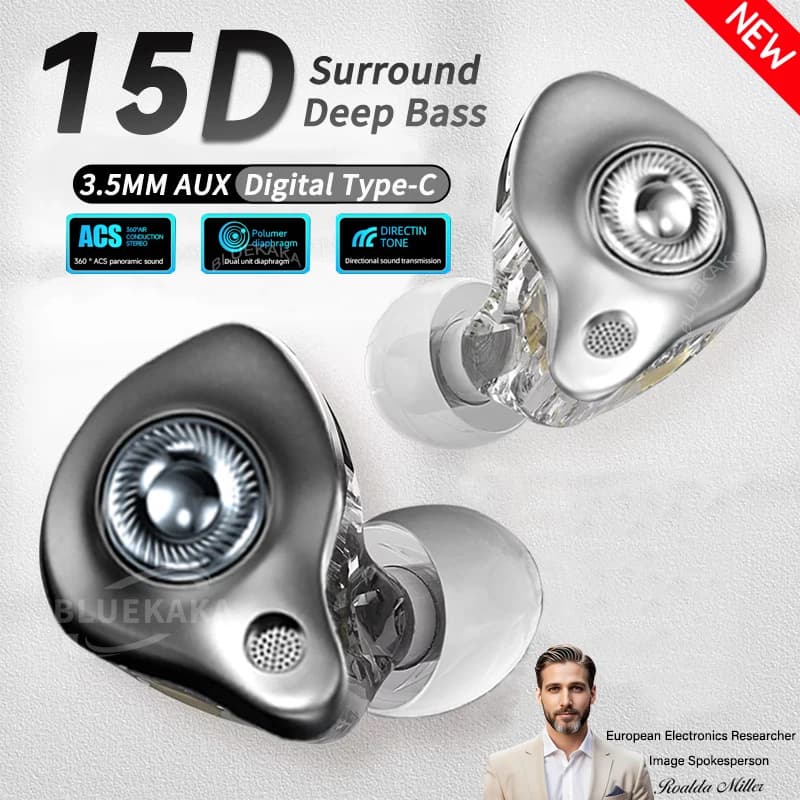 New dynamic 15D headphones, HIFI Super Bass headphones, in-ear monitor headphones, 3.5 mm AUX/type C input and microphone, for Samsung/iPhone/Android