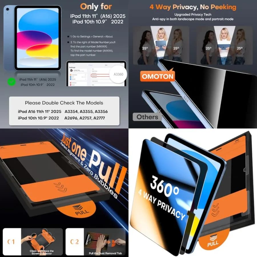 360 ° Pellicola Protettiva Privacy per iPad A16 11a 10a Generazione (11/10.9 pollici 2025/2022), Vetro Temperato Anti-Spia a 4 Vie con Vassoio di Installazione, Compatibile con Custodia e Apple Pencil, Confezione da 2