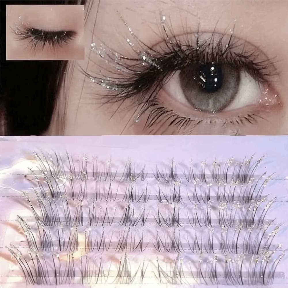 Ciglia Finte Individuali con Strass Scintillanti, Ciuffi Voluminosi Stile Wispy, Ciglia 3D Voluminose dall'Aspetto Naturale, Faux Cils