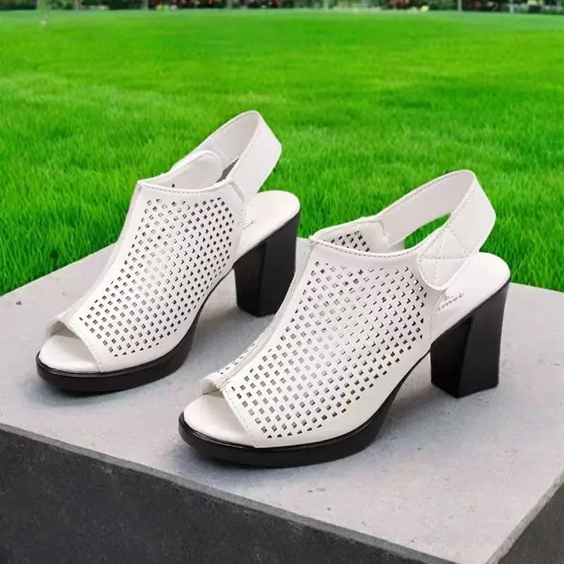 Women Big Size High Heel Peep Toe Sandals Summer New Soft sole Non Slip Hollow Out Fashionable Velcro Block Heel Sandals