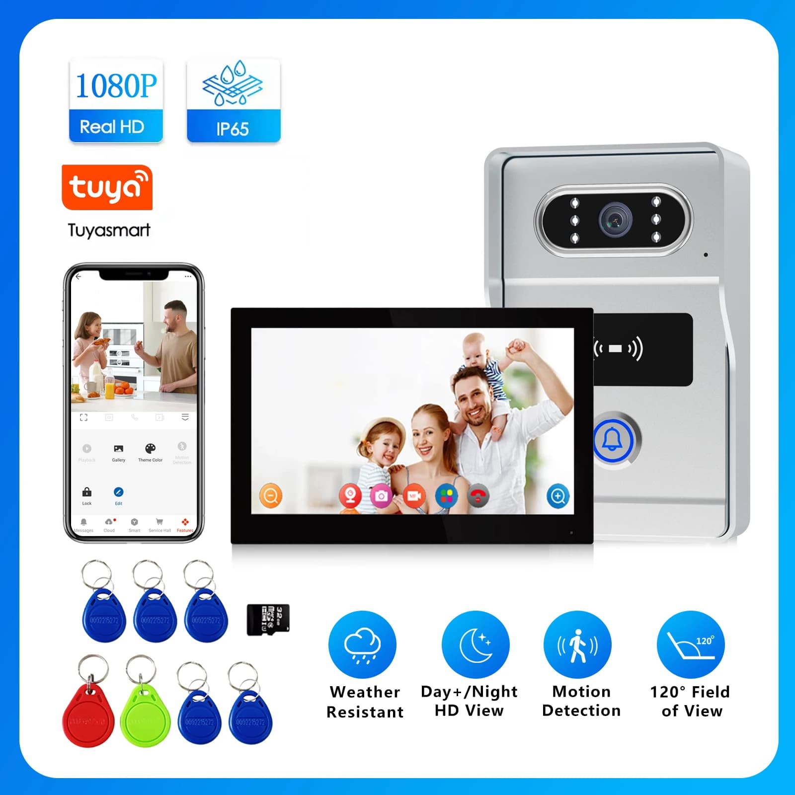 7'''' WiFi video intercom for gate/house, 1080p waterproof outdoor camera with night vision, bidirectional audio and intelligent remote unlocking