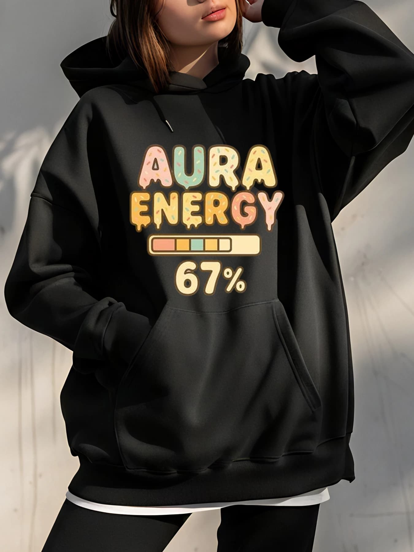 Aura Energy 67 percent hoodie with colorful graphic design for casual clothing in urban settings