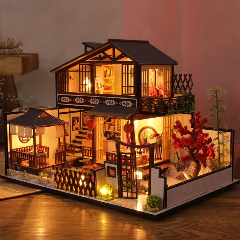 Kit modello in miniatura in legno fai-da-te Case delle bambole Casa giapponesi Case delle bambole assemblate con mobili Decorazioni per la casa Regali di compleanno per amici