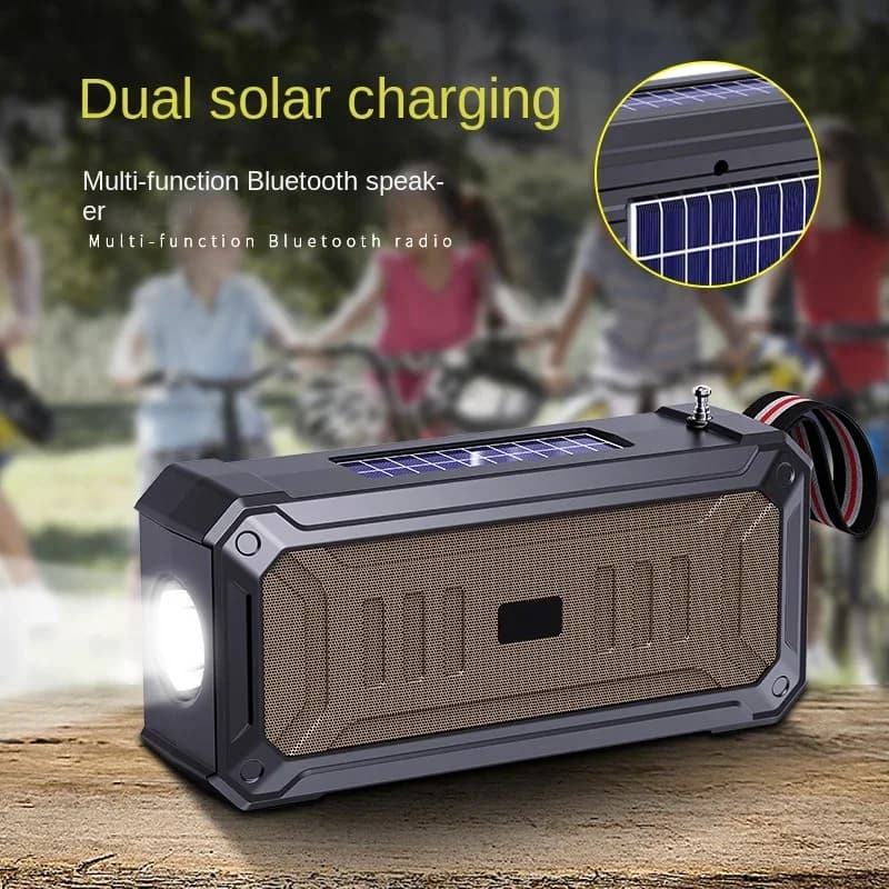 Altoparlante Bluetooth senza fili Radio FM Torcia solare ricaricabile a doppia energia solare Radio FM Lettore musicale MP3 USB TF