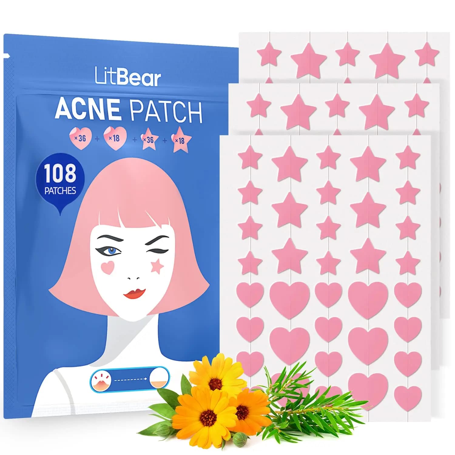 Cerotti per Acne a Forma di Cuore e Stella Rosa, 108 Pezzi, Cerotti Idrocolloidali con Olio di Tea Tree e Centella per il Viso
