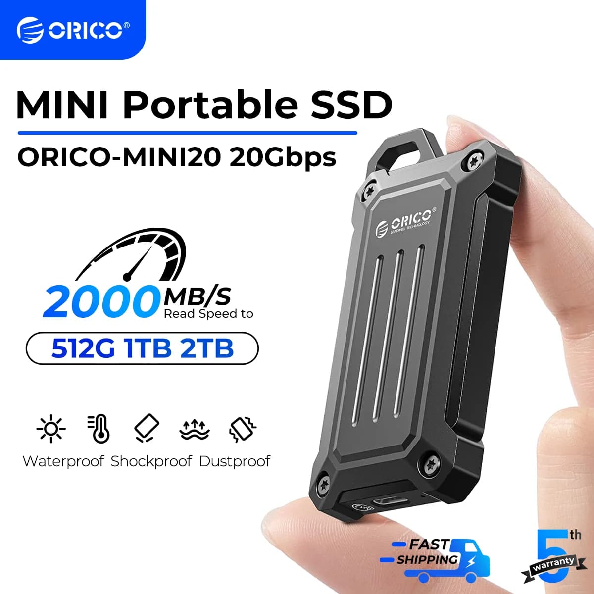 ORICO SSD portatile Fino a 2000 MB/s USB 3.2 Gen 2 x 2 Unità a stato solido esterna Resistenza all'acqua e alla polvere per esterni Zinc Allo