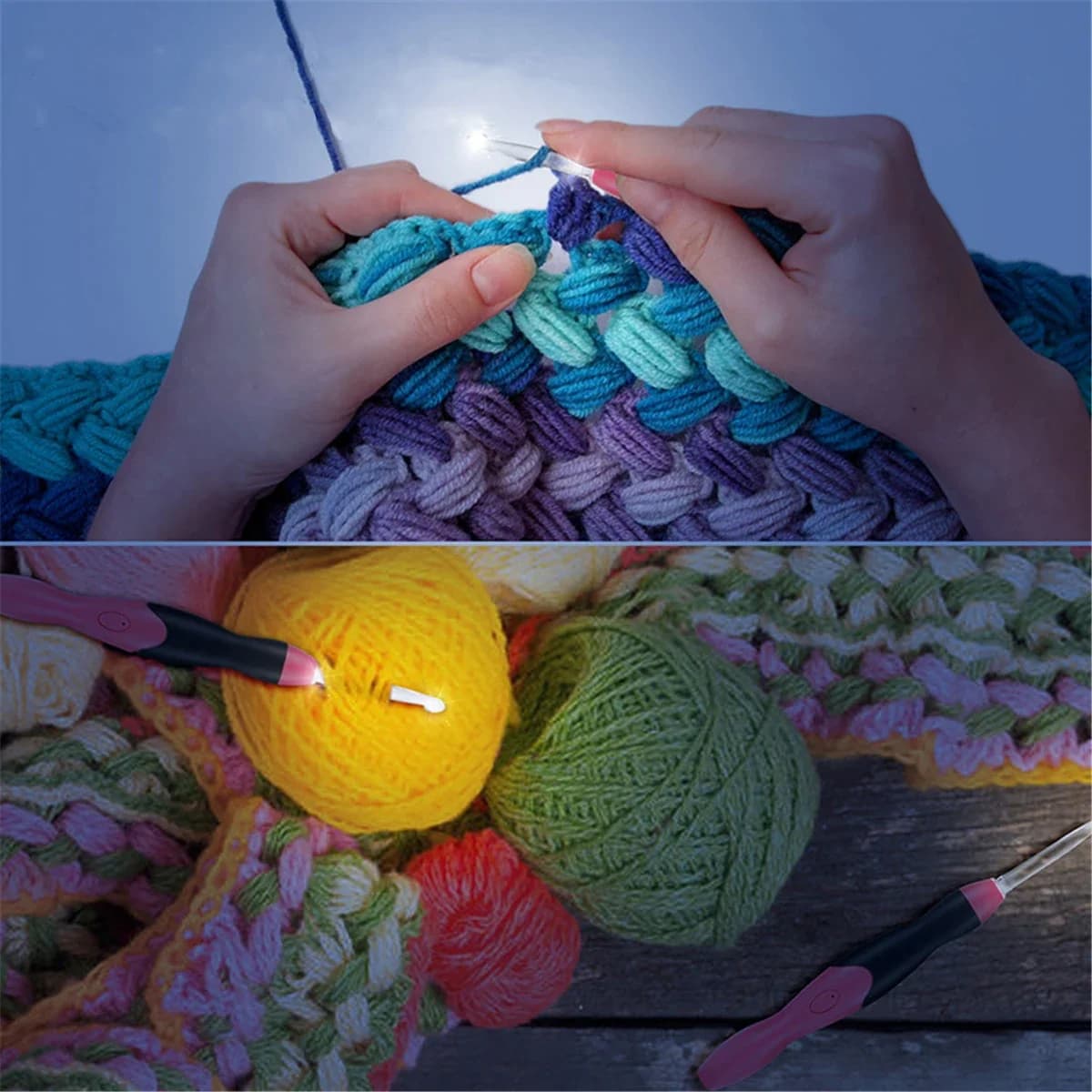 11 In 1 Sewing Tools Useful USB LED Light Up Crochet Hooks Kit Purple Knitting Needles Set Weave Tool Kit Sewing Accessories