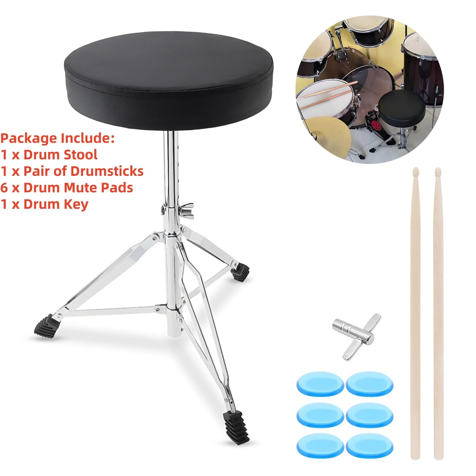 Height Adjustable PU Leather Drum Stool for Adults Beginner Drummers with Drumsticks, Mute Pads, Key, Black Padded Drum Seat