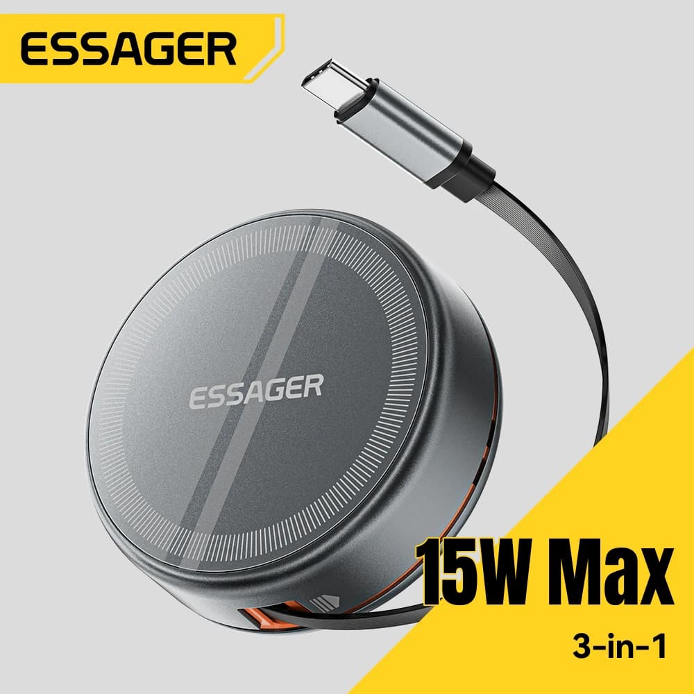 Essager 15W 3 in 1 magnetic wireless charger with 96 cm type C retractable cable for iPhone 16 15 14 13 Pro Max Airpods Watches