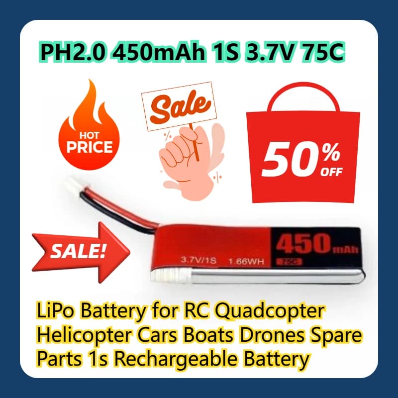 PH2.0 450mAh 1S 3.7V 75C LiPo Batteria per RC Quadcopter Elicottero Auto Barche Droni Pezzi di ricambio 1s Batteria ricaricabile
