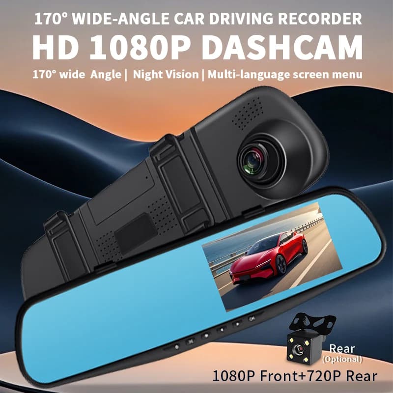 Car Dash Cam 4.5 Inch Mirror Screen 1080P Front & Optional Rear Camera Dual Channel DVR Recorder with Auto Mode