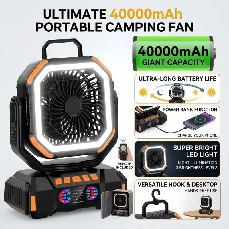Ventilatore Elettrico XIAOTREE 40000mAh Ricaricabile, Ventilatore da Campeggio Wireless Auto-Oscillante, Ventilatore da Tavolo per l'Estate, Ventilatore per Tenda, Circolatore d'Aria