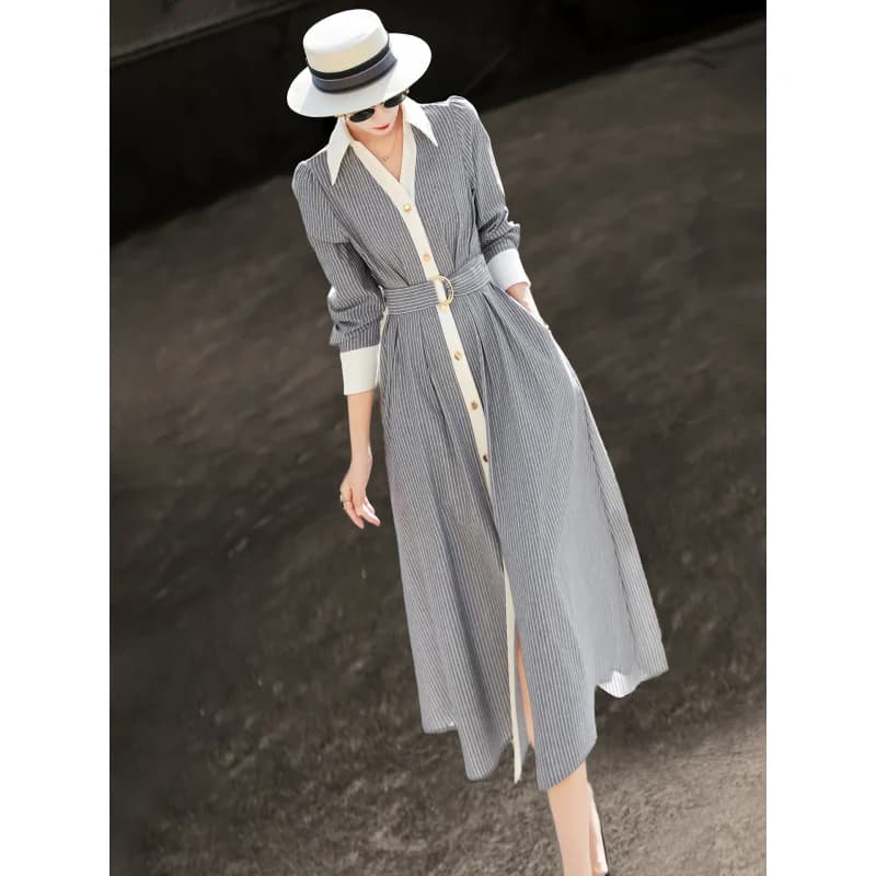 MEXCOCO 2026 Spring New Commuter Striped Shirt Maxi Dress Contrast Collar Long Sleeve Belted Waist Side Slit Elegant Long Dress