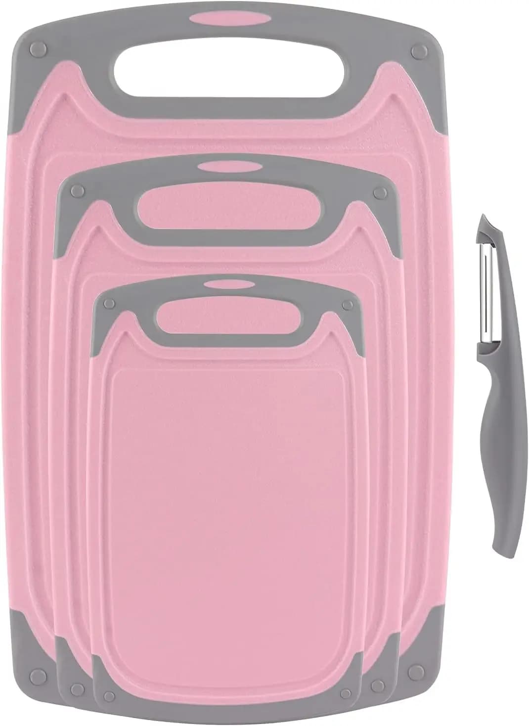 Set di 4 Taglieri in Plastica, Piedini Antiscivolo, Scanalatura per Succhi, Impugnatura Facile da Afferrare, Lavabili in Lavastoviglie, Senza BPA, Rosa/Grigio