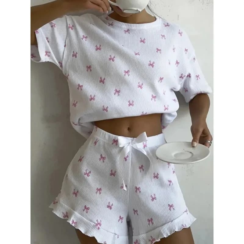 2026 Ladies Bow Print Pajama Set Short Sleeve Top Shorts Loungewear Sleepwear Homewear 2 Piece Nightwear